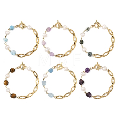 Natural Mixed Gemstone Nuggets and Pearl Beaded Chain Bracelets with 304 Stainless Steel Cross Link Chains and OT Clasps BJEW-JB14436-1
