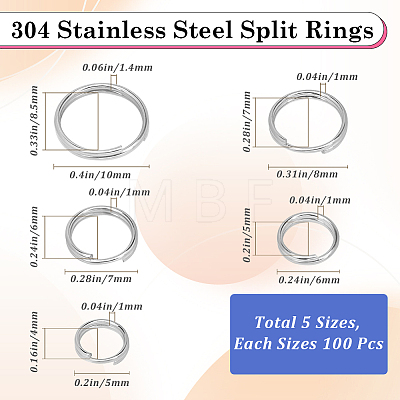 SOFPLATE 500Pcs 5 Styles 304 Stainless Steel Split Rings STAS-SP0001-65-1