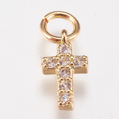 Brass Cubic Zirconia Tiny Cross Charms X-ZIRC-E147-62G-1