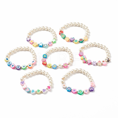 7Pcs 7 Style Star & Smiling Face & Flower Polymer Clay Stretch Bracelets Set with Glass Pearl Beaded BJEW-JB08786-1