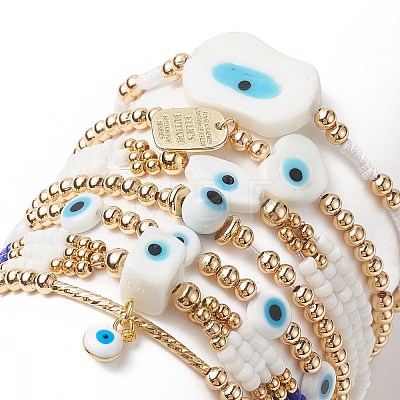 7Pcs 7 Style Evil Eye Lampwork & Glass Seed & Brass Beaded Stretch Bracelets Set for Women BJEW-JB09249-02-1