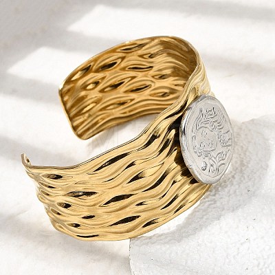 Hammered 304 Stainless Steel Cuff Bangles for Women BJEW-Z177-01GP-01-1