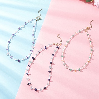 3Pcs 3 Styles Natural Lapis Lazuli & Aquamarine & Amethyst & Rose Quartz & Green Aventurine & Citrine Chip & Glass Seed Baeded Necklaces for Women NJEW-JN05603-1