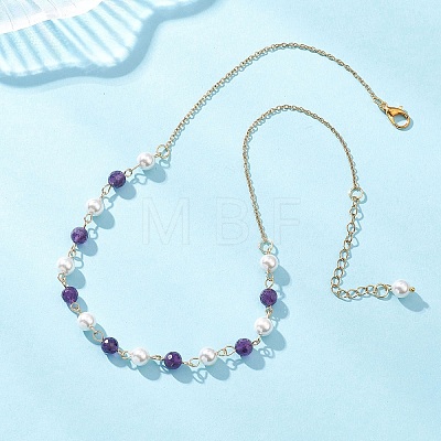 Shell Pearl and Natural Amethyst Round Beads Link Chain Necklaces for Women NJEW-JN05635-1