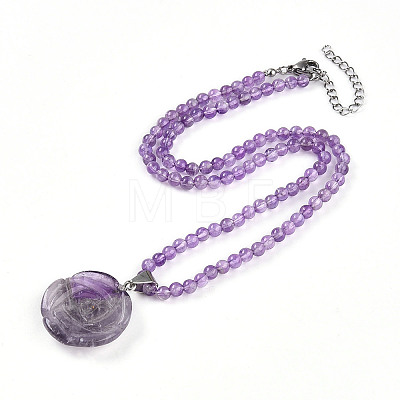 Natural Amethyst 4.5mm Round Beaded Flower Pendant Necklaces NJEW-T016-04M-1