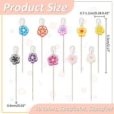 50Pcs 10 Colors Handmade Polymer Clay Flower Iron Head Pins DIY-AB00042-1