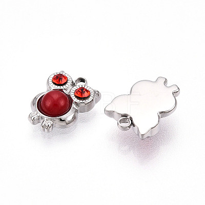 304 Stainless Steel Pave Natural Red Jasper and Ruby Rhinestone Owl Charms STAS-T064-66P-1