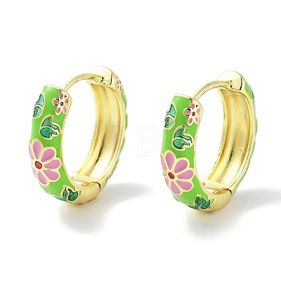 Real 18K Gold Plated Brass Enamel Flower Print Hoop Earrings for Women EJEW-L269-117G-1