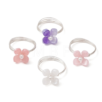 Flower Cellulose Acetate(Resin) & Shell Pearl Finger Rings RJEW-TA00181-02-1