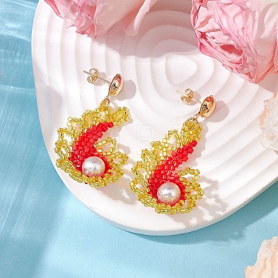 Glass Seed Bead & Glass Pearl Bead Conch Dangle Stud Earrings for Women EJEW-MZ00269-03-1