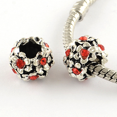 Antique Silver Plated Alloy Rhinestone Flower Large Hole European Beads MPDL-R041-04-1