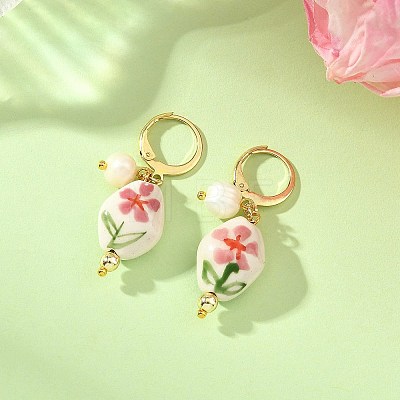 Handmade Porcelain Nuggets & Flower Pendants Dangle Earrings EJEW-JE07319-1