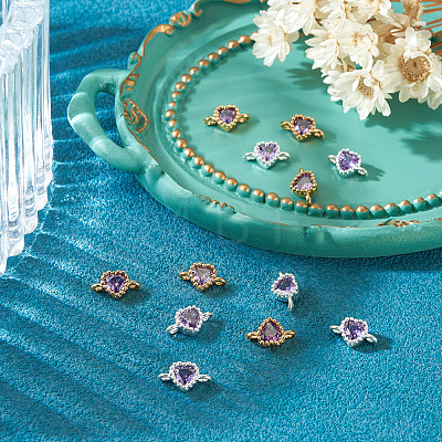 12Pcs 2 Colors Brass Pave Cubic Zirconia Heart Links Connector Charms KK-TA0003-48E-1