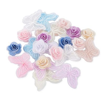 Beadthoven 24Pcs 12 Style 3D Rose Organgza Lace Embroidery & Butterfly Ornament Accessories DIY-BT0001-48-1