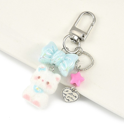 Cat Shape Flocky Opaque Resin & Opaque Acrylic Bowknot & Alloy Heart Charms Pendant Decorations HJEW-YW00343-02-1