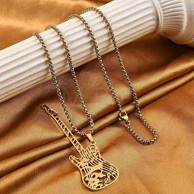 304 Stainless Steel Hollow Guitar Pendant Box Chain Necklaces NJEW-M086-03G-1