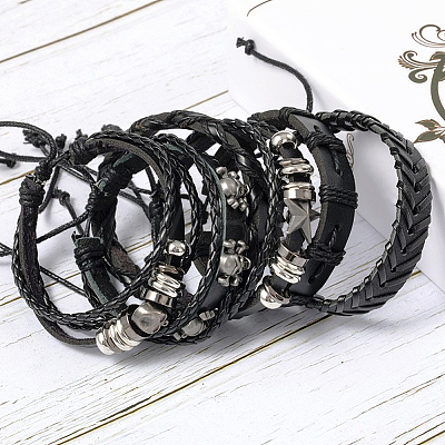 6Pcs 6 Styles PU Imitation Leather Braided Bracelets BJEW-CL0001-52-1