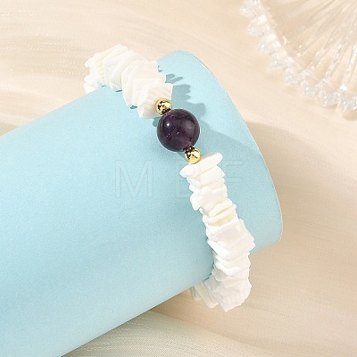 Natural Sea Shell Square Heishi Beads and Round Gemstone Beaded Stretch Bracelets BJEW-JB14476-1