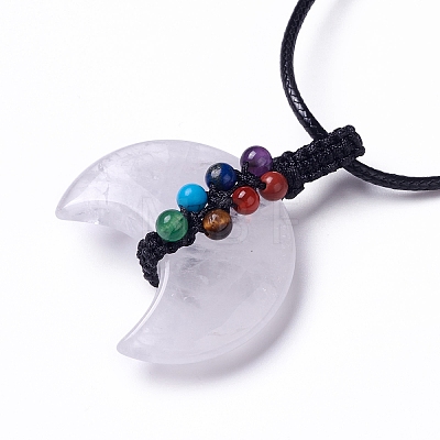 Adjustable Natural Quartz Crystal Double Horn Pendant Necklace with Wax Cord for Women NJEW-B086-01C-1