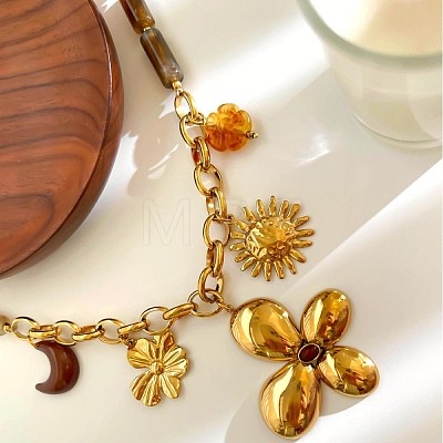 316L Surgical Stainless Steel & Resin Flower Moon Sun Pendant Bib Necklaces for Women WG4E0E9-01-1