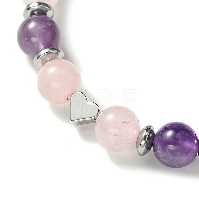 Natural Rose Quartz & Amethyst & Brass Heart Braided Bead Bracelet BJEW-JB09703-03-1