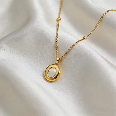 Natural Shell 304 Stainless Steel Oval Pendant Necklaces for Women WGF4A65-01-1