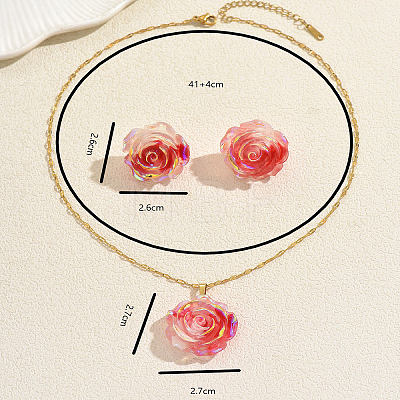 Iridescent Resin Rose Pendant Necklace & Stud Earrings Set for Women NZ6589-1