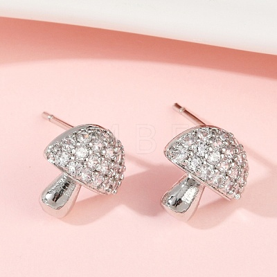 Mushroom Brass Micro Pave Clear Cubic Zirconia Stud Earrings EJEW-F895-17P-1