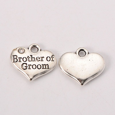 Wedding Party Supply Antique Silver Alloy Rhinestone Heart Carved Word Brother of Groom Wedding Family Charms X-TIBEP-N005-26D-1