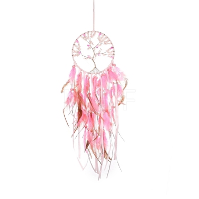 Tree of Life Natural Rose Quartz Chip Woven Web/Net with Feather Hanging Ornaments HJEW-G025-04-1