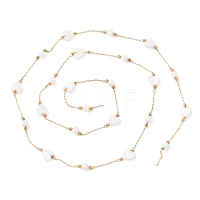 304 Stainless Steel & Natural Shell Heart & Round Bead Cable Chains CHS-G048-09G-1
