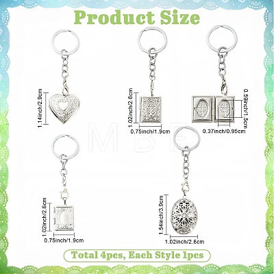 4Pcs 304 Stainless Steel Locket Pendant Keychains KEYC-YW00268-1