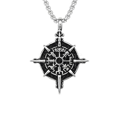 Vintage 304 Stainless Steel Viking Compass Pendant Necklaces for Men WG1D9FE-01-1