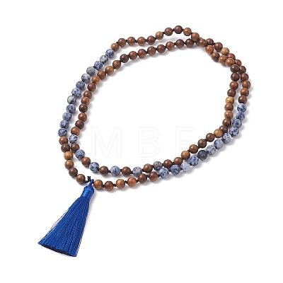 Natural Blue Spot Jasper & Wood Buddhist Necklace NJEW-JN04306-1