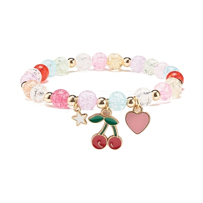 Candy Color Round Beaded Stretch Bracelet with Heart Cherry Charm for Women BJEW-JB07636-01-1