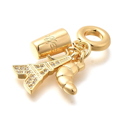 Brass Clear Cubic Zirconia Croissant & Cup & Eiffel Tower European Dangle Charms KK-U048-20G-1