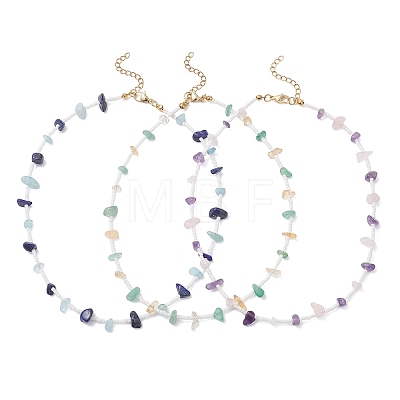 3Pcs 3 Styles Natural Lapis Lazuli & Aquamarine & Amethyst & Rose Quartz & Green Aventurine & Citrine Chip & Glass Seed Baeded Necklaces for Women NJEW-JN05603-1