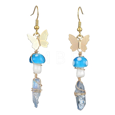 4 Pairs 4 Color Dyed Natural Quartz Crystal Nugget & Mushroom Lampwork Dangle Earrings EJEW-TA00335-1
