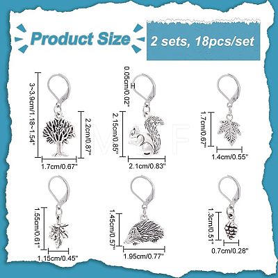 18Pcs 6 Style Hedgehog & Squirrel & Leaf & Pine Cone Tibetan Style Charms Locking Stitch Marker HJEW-PH01552-1