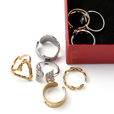 8Pcs 8 Style Triangle & Heart & Butterfly & Wave 201 & 304 Stainless Steel Open Cuff Rings Set for Men Women RJEW-FS0001-03-1