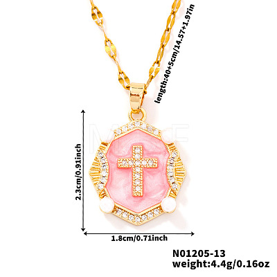Shiny Retro Brass Micro Pave Clear Cubic Zirconia Oval with Cross Pendant Necklaces with Enamel YR4811-1-1