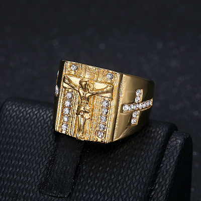 Cross with Jesus Pattern 304 Stainless Steel with Crystal Rhinestone Finger Rings for Men FS-WG78AD7-02-1