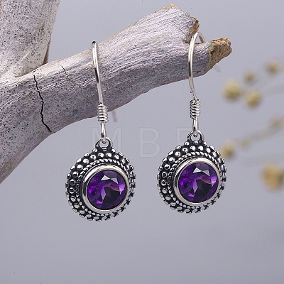 Flat Round Natural Amethyst Dangle Earrings EJEW-C178-09-1