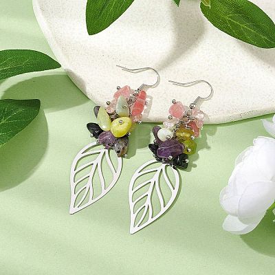 Leaf 201 Stainless Steel Natural Amethyst & Natural Lemon Jade & Natural Tourmaline & Synthetic Cherry Quartz Chip Dangle Earrings EJEW-JE06138-04-1