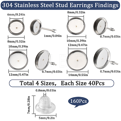 SUNNYCLUE 160Pcs 4 Size 304 Stainless Steel Stud Earrings Findings STAS-SC0007-61-1