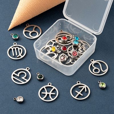24Pcs 2 Styles 303 Stainless Steel Flat Round Rhinestone Charms & 304 Stainless Steel Ring with Twelve Constellations Pendants STAS-LS0001-20P-1