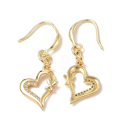Clear Cubic Zirconia Heart with Butterfly Dangle Earrings EJEW-B017-09G-1