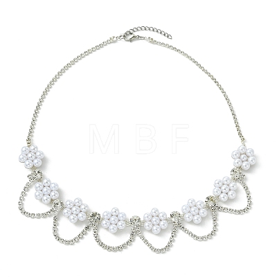 Plastic Pearl Beaded Flower Tassel Iron Crystal Rhinestone Tennis Bib Necklaces for Women NJEW-JN06129-1