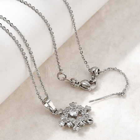 Christmas Snowflake Brass Micro Pave Cubic Zirconia Pendants Necklaces NJEW-L468-01P-A01-1