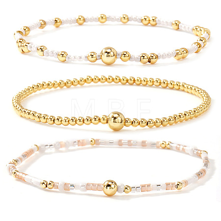 3Pcs 3 Styles Glass Seed Beads & Brass Beads Stretch Bracelets Set for Women VQ8944-8-1